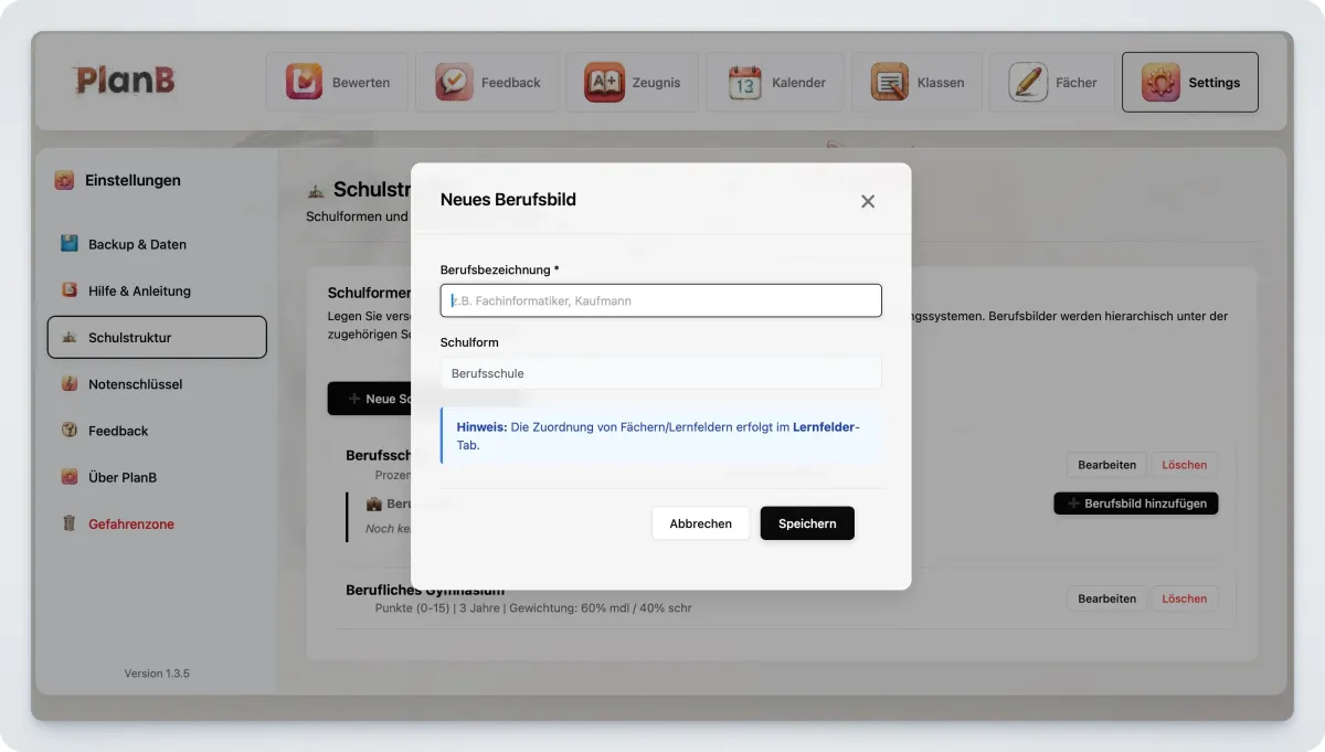 PlanB Schulstruktur Einstellungen