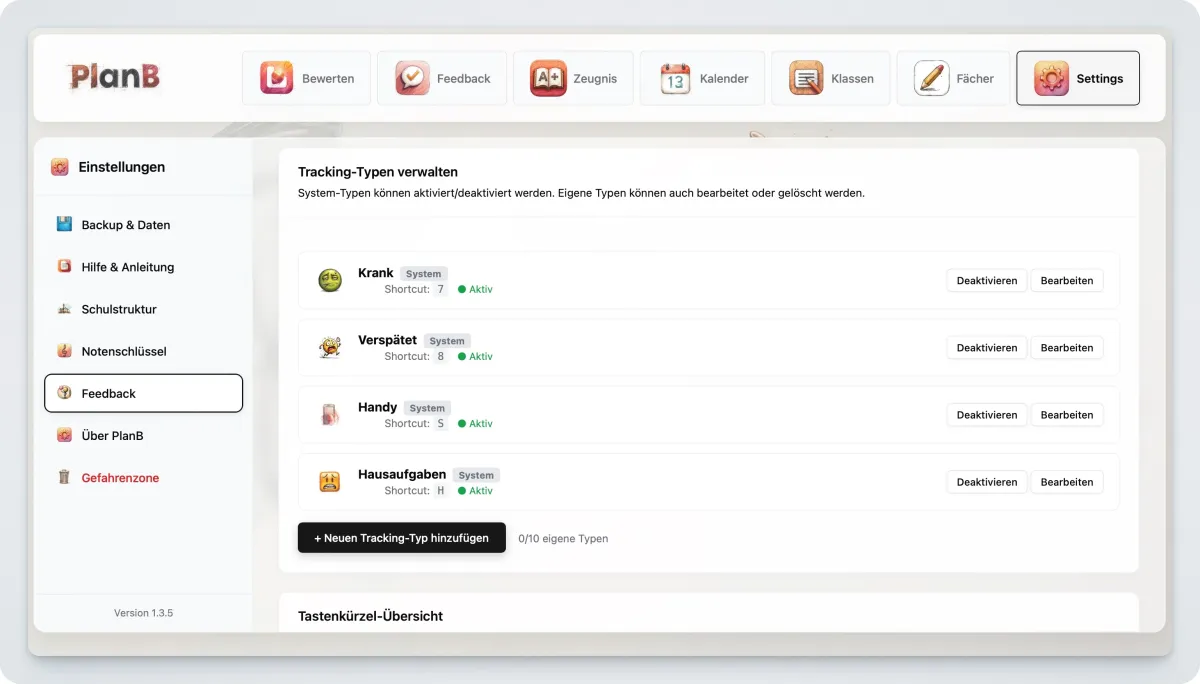 PlanB Feedback-Einstellungen